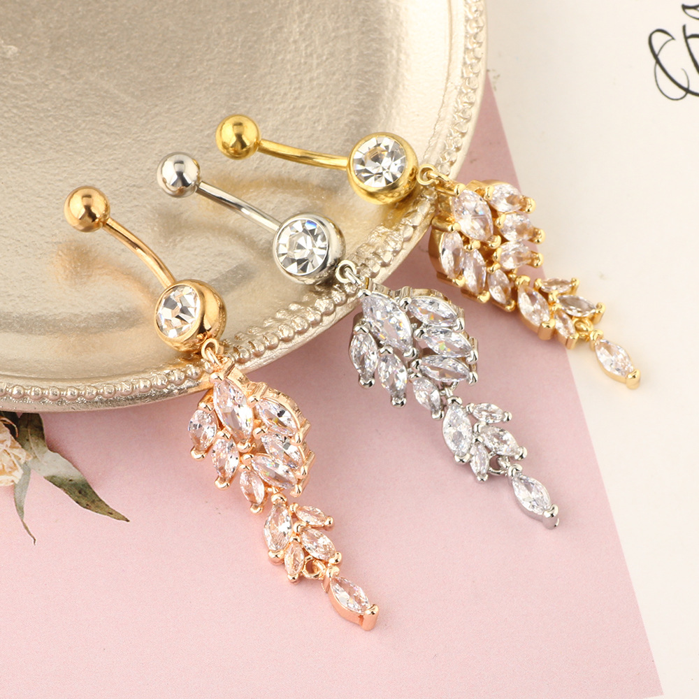 Rose Gold Diamond Leaf Navel Ring Belly Button Piercing Jewelry Stainless Steel - Image 2