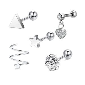 5-Piece Geometric Stainless Steel Zircon Earrings Set - Silver Twisted Studs for Women Men