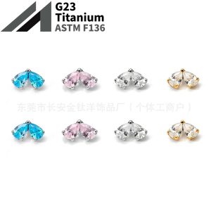 F136 Titanium 18K Gold-Plated Water Drop Petal Zircon Lip Stud Nose Stud Ear Stud Ear Bone Stud G23 Titanium Alloy Piercing Jewelry