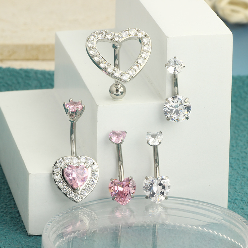 New Heart-Shaped Double Zircon Stainless Steel Navel Ring with Full Diamond Heart Navel Buckle Piercing Accessory - Image 2