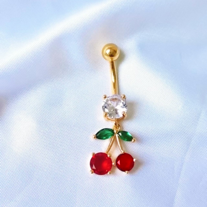High-End Copper Inlaid Cherry Belly Button Ring Dangle Navel Nail Body Piercing Jewelry Gold - Image 2