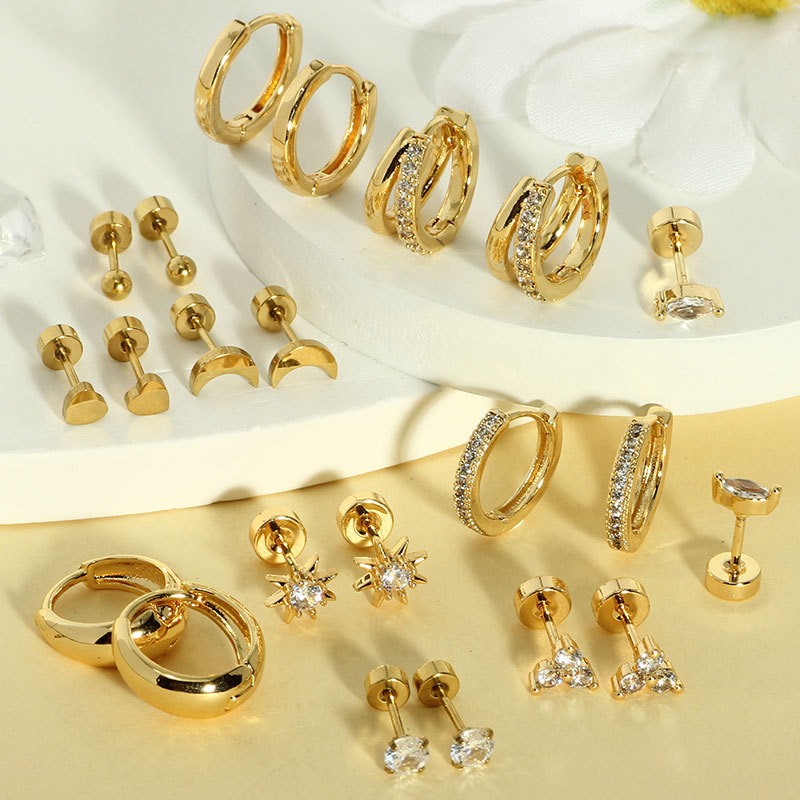 22-Piece Heart Inlaid Zircon Earring Set, Real Gold Brass Electroplated Stainless Steel Earrings for Women and Men - Image 2
