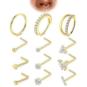 Classic 12-Piece Nose Nail Set Curved Barbell Copper Inlaid Zircon 7mm Nose Ring Set for Women Men