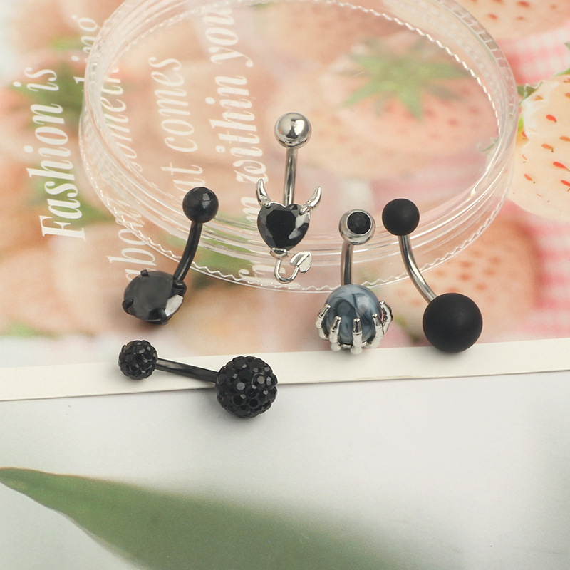 5-Piece Black Amazon Stainless Steel Zircon Diamond-Embedded Dragon Claw Navel Ring Set - Image 2
