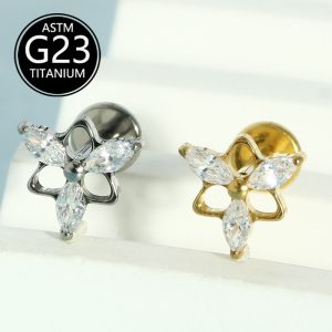 F136 Titanium Alloy Three-Horse Eye Zircon Earrings G23 Titanium Lip Nail 6-10mm Internal Thread Rod Piercing Jewelry