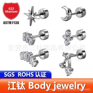 G23 Titanium Ear Bone Stud - Moon CZ Cartilage Earring Round Disc Body Jewelry