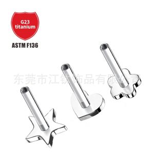 G23 Titanium Lip Labret Stud with Star and Heart Flower Base - Internal Thread Body Piercing Jewelry