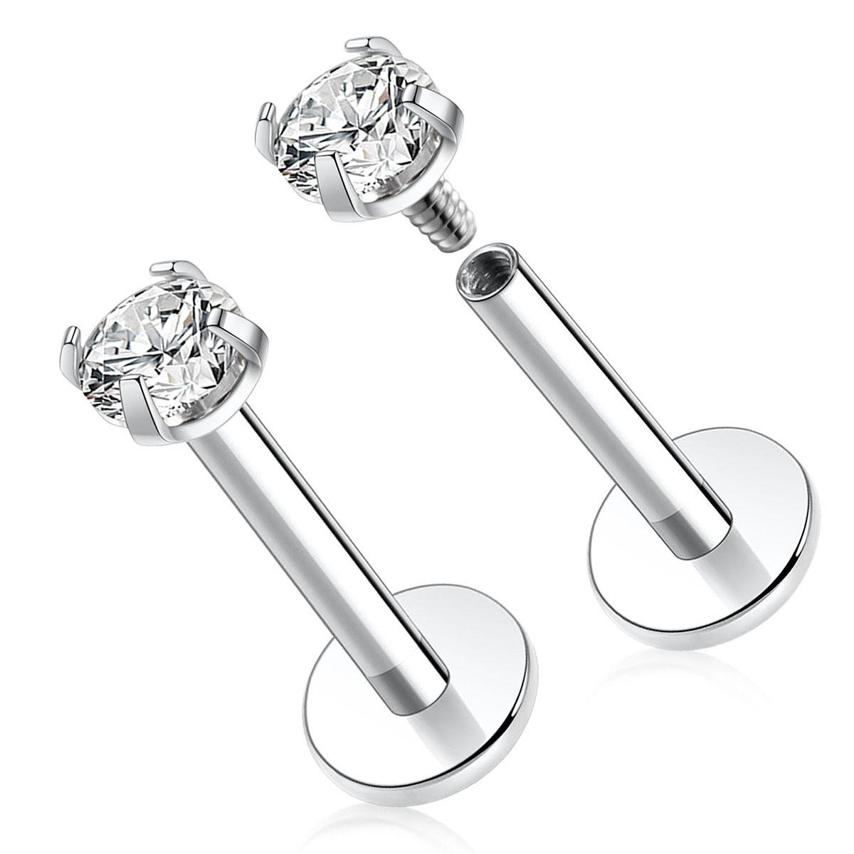 G23 Titanium Four-Prong Set Colorful 5A Round Zircon Internal Thread Earrings Flat Back Labret Stud Ear Bone Nail F136 Titanium Alloy Lip Nail Jewelry - Image 5