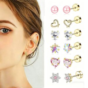 12 Hot-Selling Stainless Steel Five-Pointed Star Ear Studs with Threaded Round Flat-Back Design, Piercing Jewelry