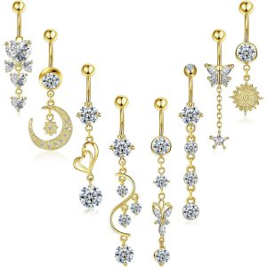 Wholesale 8-Piece Stainless Steel Belly Ring Set: Star, Moon, Butterfly, Heart Designs, Mixed Styles