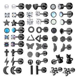 Stainless Steel Black Zircon Pearl Earrings Simple Geometric Stud Earrings for Women Fashion Piercing Jewelry 2024 Spring
