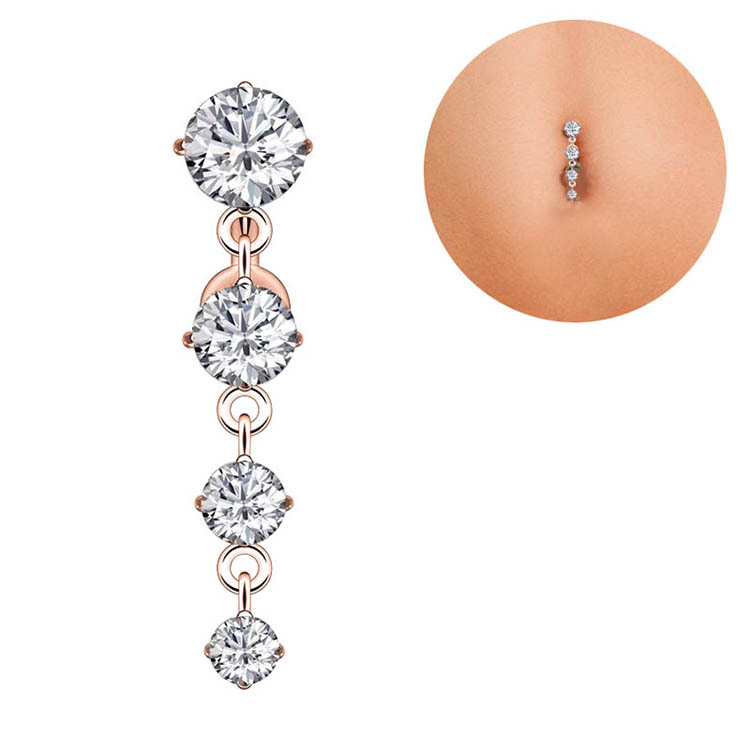 4 Zircon Inverted Belly Button Ring Stainless Steel Pendant Navel Piercing Jewelry Rose Gold - Image 2