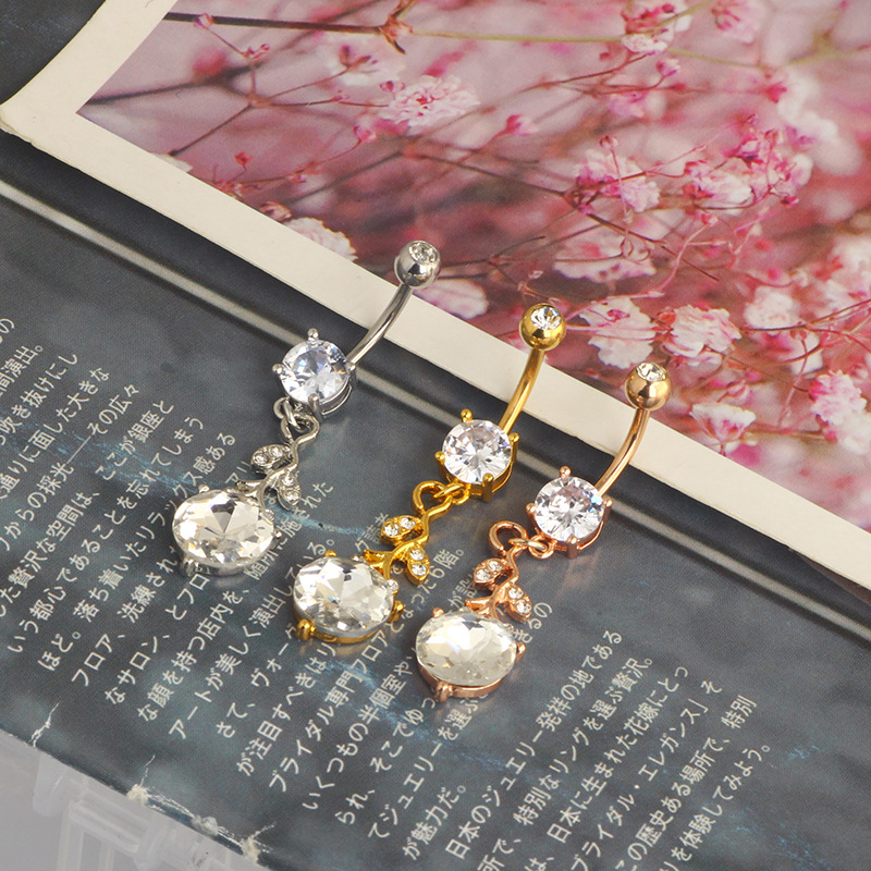 New Leaves Zircon Navel Ring Belly Button Piercing Jewelry 3 Colors Rose Gold Stainless Steel - Image 3