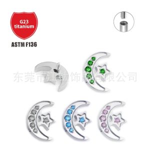 G23 Titanium Ear Piercing Jewelry Moon Star Inlaid Zircon Cartilage Stud Flat Back Earring