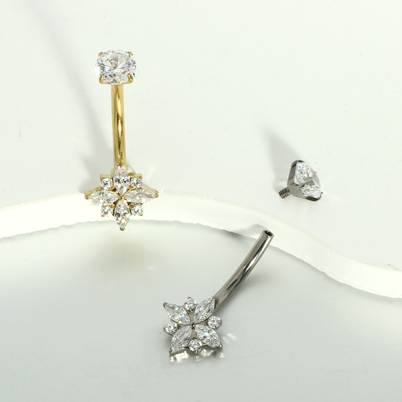 G23 Titanium Inlaid Zircon Marquise Navel Stud - Internally Threaded Belly Button Ring - Image 4