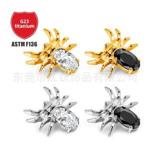 G23 Titanium Spider Ear Cartilage Stud - Gold with Black Zircon - ASTM F136 Piercing Jewelry