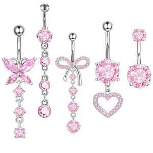 Amazon Best Selling Navel Ring Pink Zircon Belly Button Piercing Jewelry 316L Surgical Steel Geometric Style