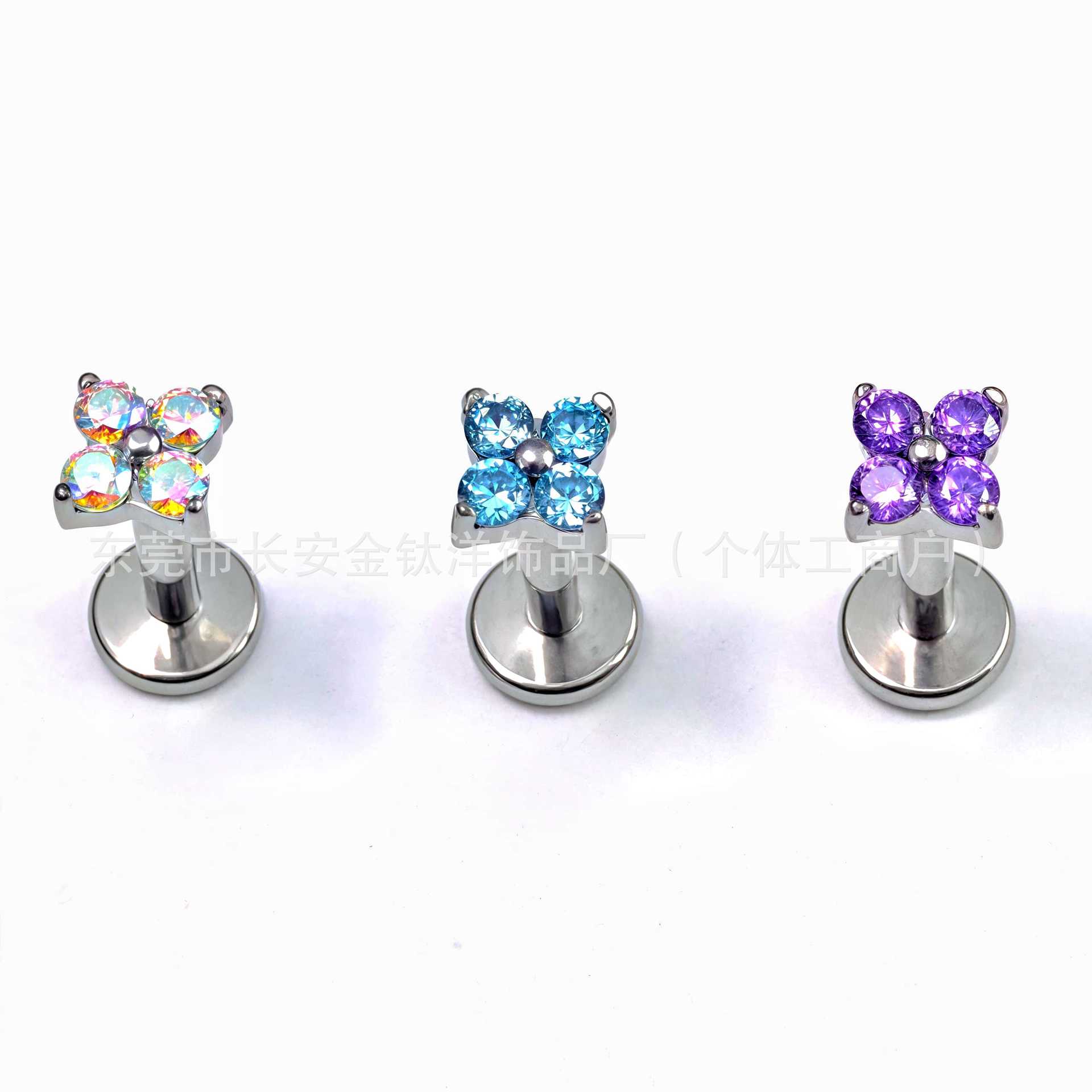 F136 Titanium Four-Leaf Clover Inlaid with 5A Zircon Lip Nail Earrings Ear Bone Nail G23 Titanium Alloy Ear Bone Piercing Jewelry - Image 3