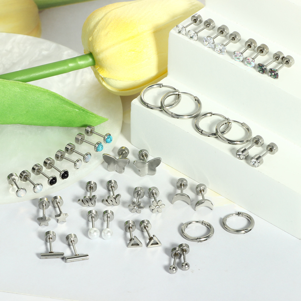 21 Pairs Aobao Pine Stone Stainless Steel Earrings Set - Human Body Piercing Ear Bone Nail Kit, Silver - Image 4