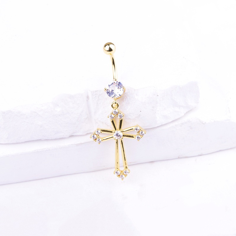 Diamond Crown Cross Belly Button Ring Gold Dangle Body Piercing Jewelry - Image 5