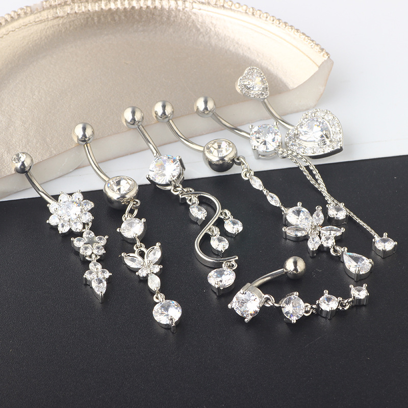 Mixed Zircon Navel Ring Set - 7-Piece Belly Button Piercing Jewelry with Heart Shape - Image 4