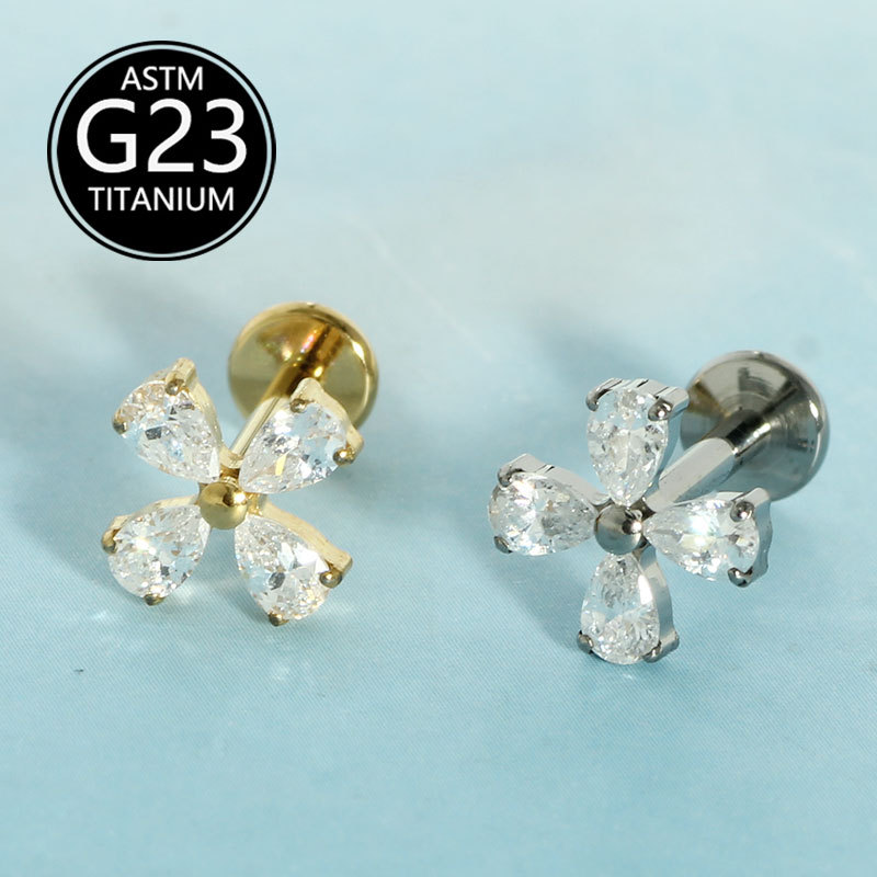 G23 Titanium Piercing Jewelry Flower Inlaid with Diamonds and Zircon Lip Ring Labret Stud Ear Cartilage Stud - Image 2
