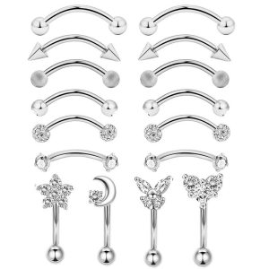 16pc Piercing Set Stainless Steel Zircon Studs Flat Back Ear Cartilage Nose Eyebrow Lip Jewelry Rose Gold
