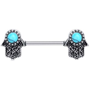 Stainless Steel Buddha Hand Blue Turquoise Palm Nipple Ring – Hot Selling European American Style Body Jewelry