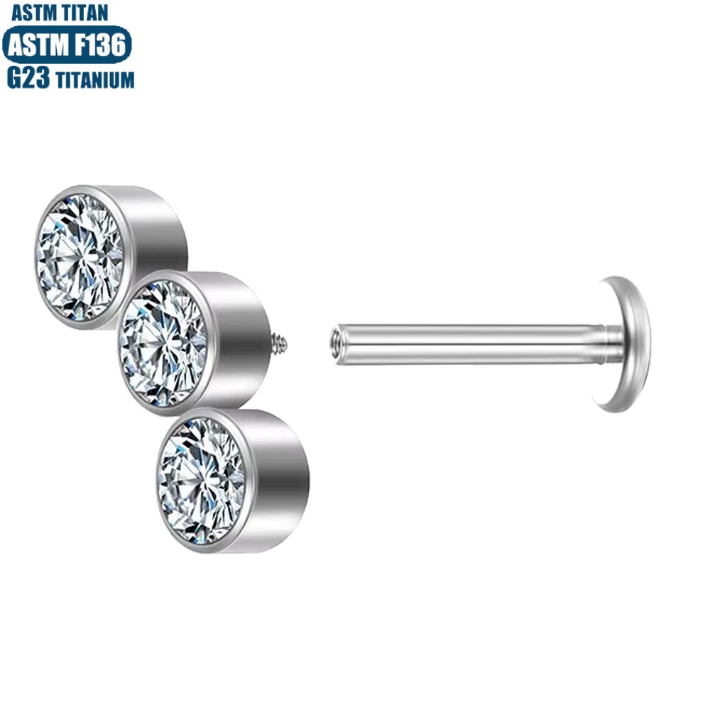 F136 Titanium Alloy Lip Ring 3 Zircon Inner Tooth Thread Body Piercing Jewelry Women's Small Ear Stud Lip Stud Pierced Earrings - Image 4
