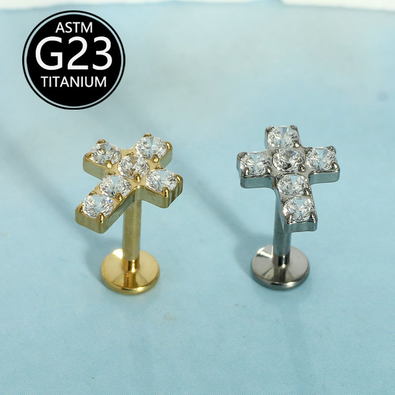 G23 Titanium Cross Stud Earring Lip Labret Nail with 5A Zircon - 1.2mm x 10mm - Image 2