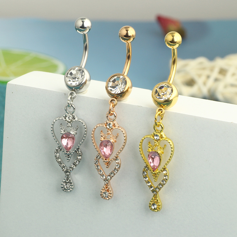 Stainless Steel Heart Belly Button Ring Dangle Navel Piercing Jewelry Rose Gold - Image 3