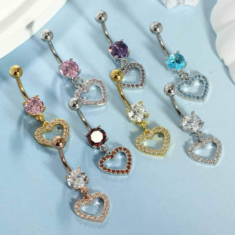 Heart Dangle Belly Button Ring Rose Gold with White Zircon 316L Surgical Steel Navel Piercing Jewelry - Image 2