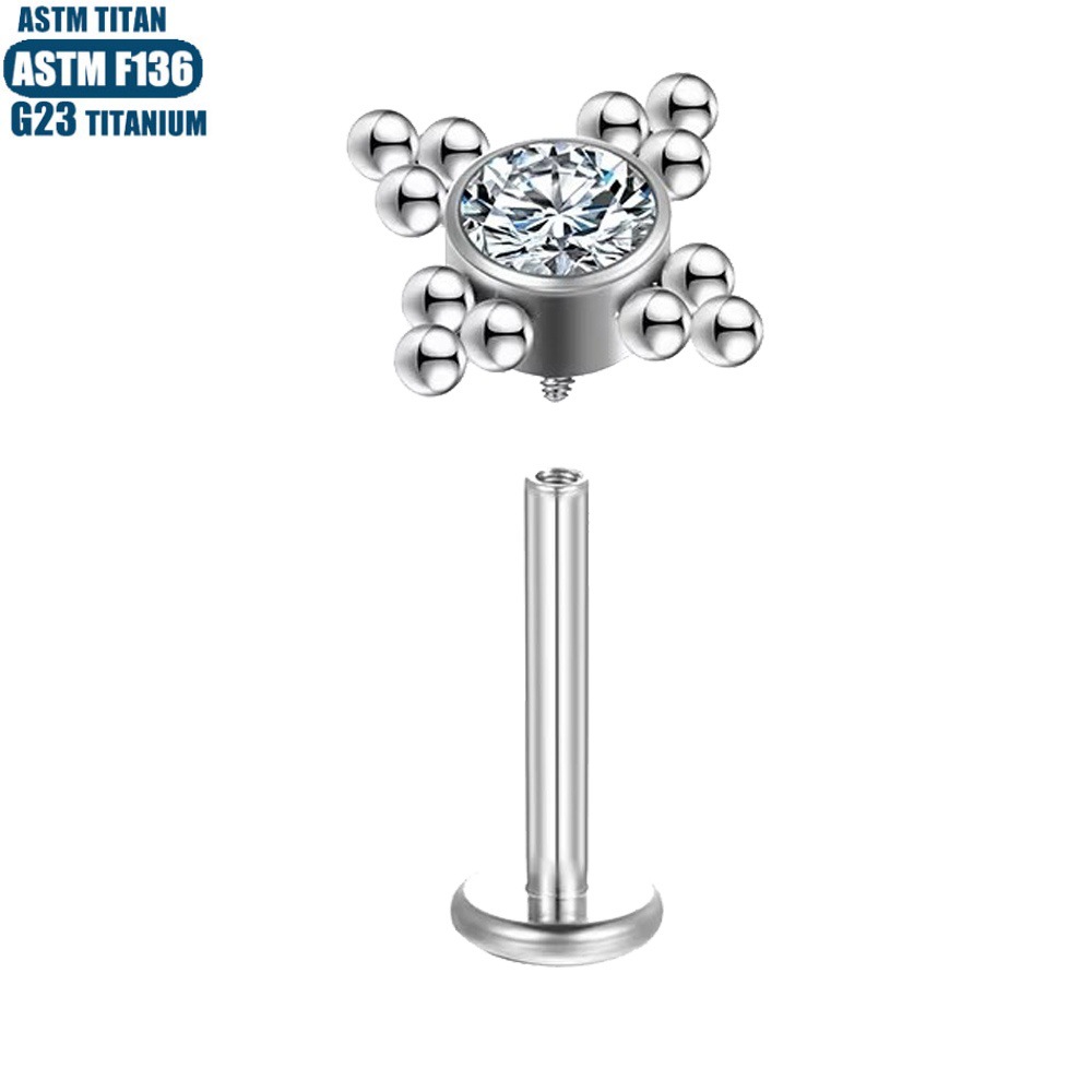 F136 Titanium Alloy Lip Ring Internally Threaded Zircon Bead Cluster Lip Stud Piercing Earrings - Image 4