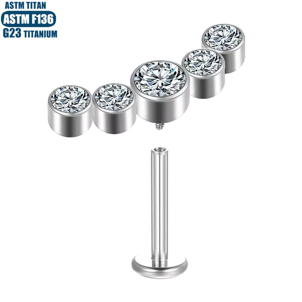 F136 Titanium Lip Ring with CZ Inner Thread Diaphragm Earring Piercing Jewelry Silver 1.2x10mm - Image 3