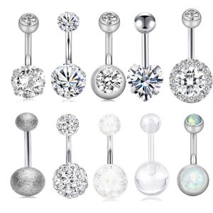 10-Piece Short CZ Navel Ring Set - Belly Button Rings Rose Gold with Zircon, Stainless Steel Body Piercing Jewelry for Women