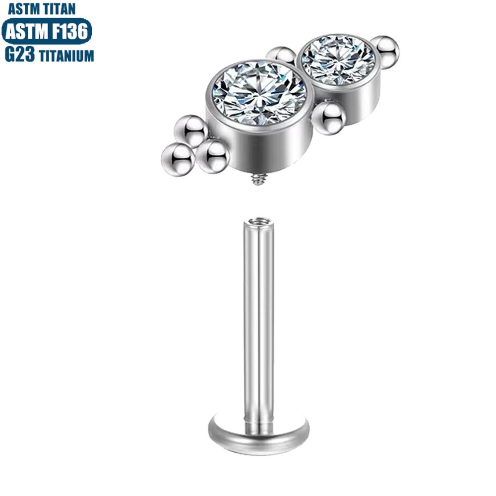 G23 Titanium Zircon Bead Cluster Lip Ring Stud Earring Body Piercing Jewelry Silver 1.2*10mm - Image 4