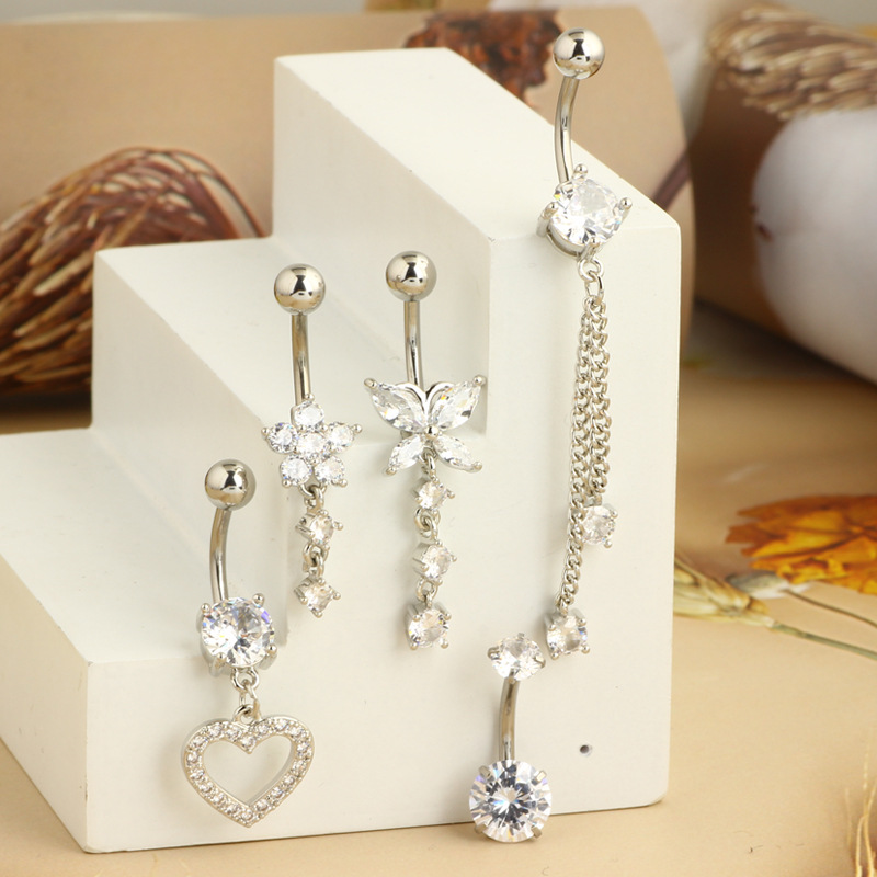 Heart-Shaped Belly Button Ring with Zircon - 5-Piece Body Piercing Jewelry Set (Gold) - Image 4