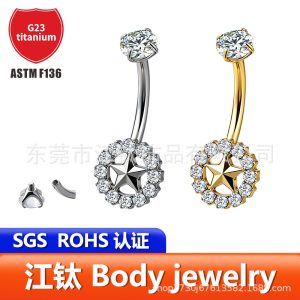 G23 Titanium Internal Thread Star Hollow Zircon Navel Piercing - Gold 14G 12mm