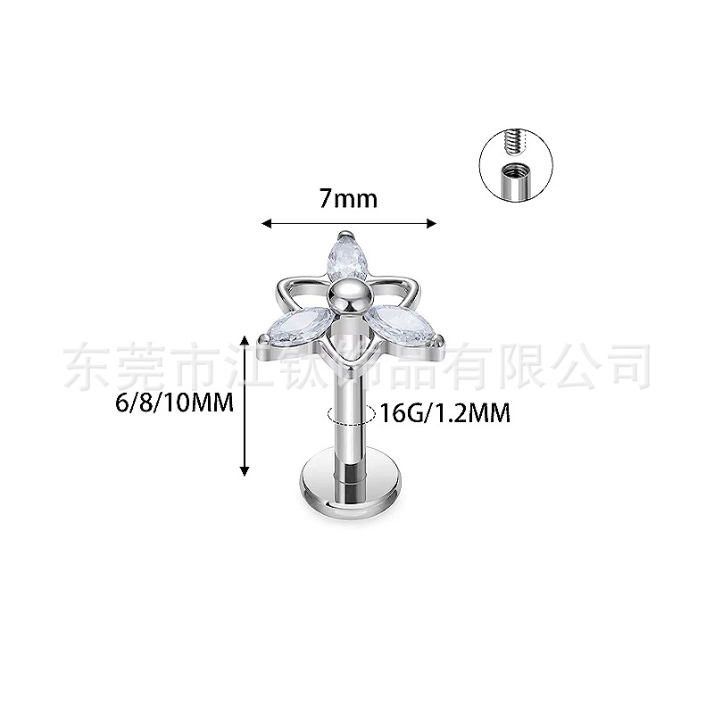 G23 Titanium Ear Bone Nail Triangular Flower CZ Stud Earring Body Piercing Jewelry - Image 3