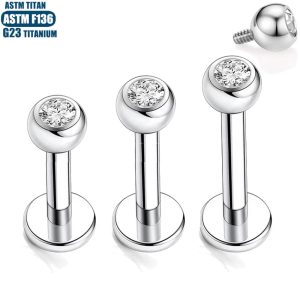 G23 Titanium Lip Ring - Inner Thread Diamond Tragus Conch Earring - Silver 1.2x10mm