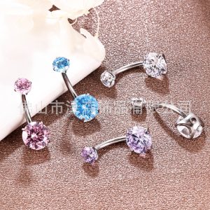 F136 Titanium Alloy Four-Claw 5A Round Zircon Navel Ring G23 Titanium Belly Button Jewelry