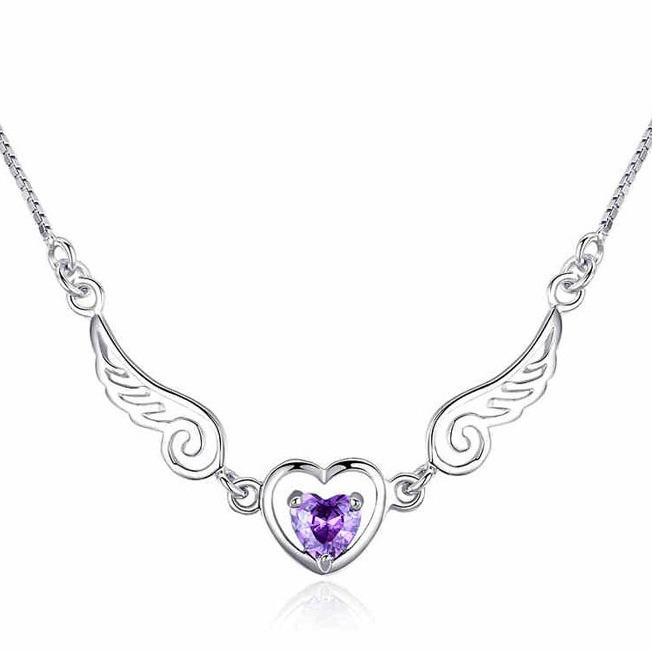 Dream Angel Love Wings Heart Pendant Necklace for Women - Silver with Purple Zircon, Box Chain, Fashion Jewelry Gift - Image 2