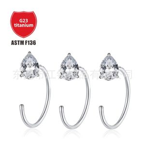 G23 Titanium Nose Nail C-Shape Water Drop Zircon One-Piece Body Piercing Jewelry Earrings