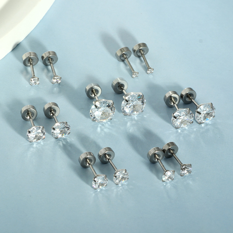 Cross-Border Stainless Steel Round Multi-Size Zircon Earrings - Four-Claw Zirconium Bone Nails Ear Studs Wholesale 5 Pairs - Image 2