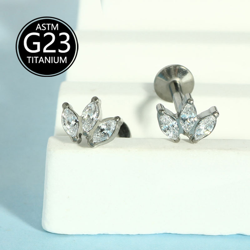 G23 Titanium Lip Labret Stud Zircon Ear Cartilage Stud Three-Leaf Inlaid Zircon Piercing Jewelry - Image 4