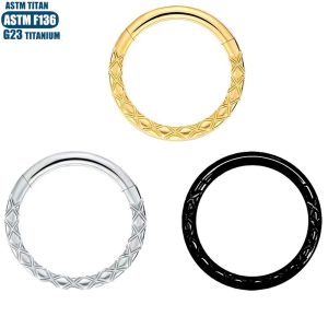 F136 Titanium Black CNC Engraved Seamless Nose Ring Septum Clicker Earring Conch Hoop