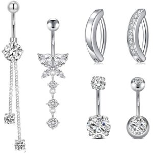 Gold Cubic Zirconia Navel Ring Stainless Steel Belly Button Piercing Jewelry Butterfly Combination