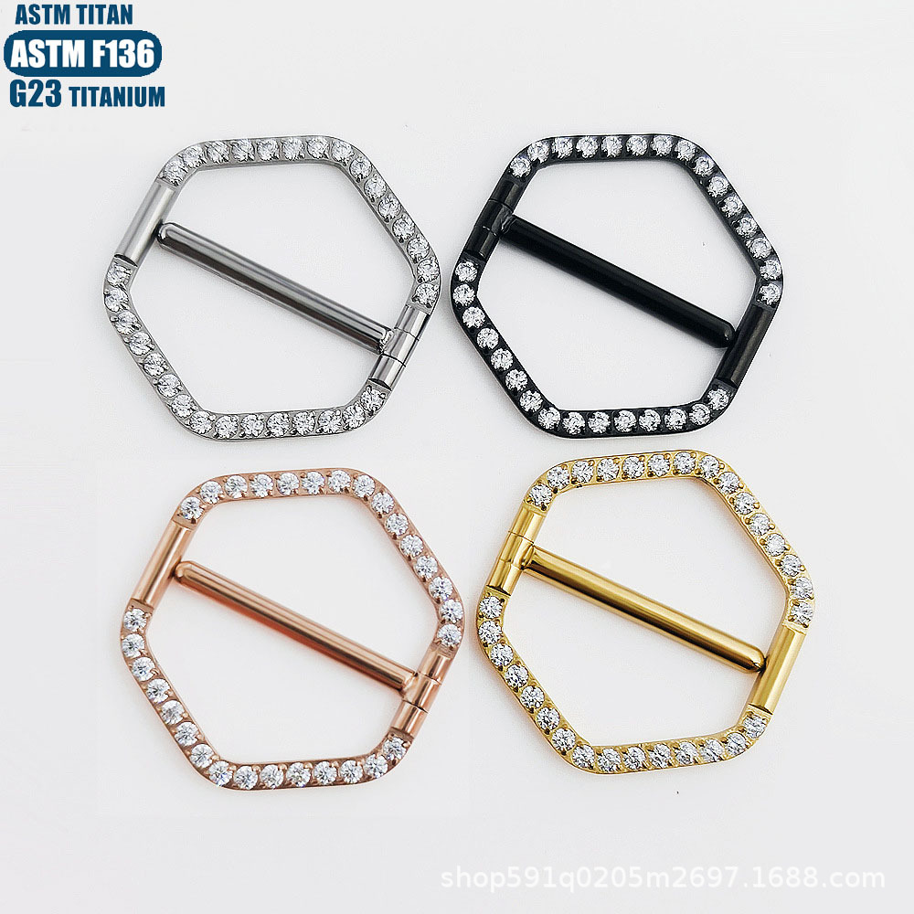 F136 Titanium Alloy Nipple Ring - 14G Hexagonal Zircon Nipple Piercing Jewelry for Men and Women - Image 2