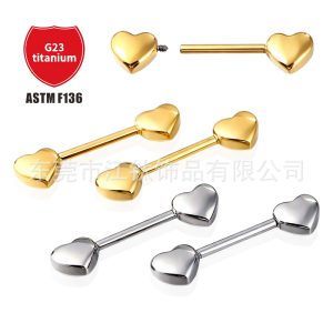 G23 Titanium Heart Nipple Barbell 14G 1.6mm ASTM F136 Body Piercing Jewelry Gold Nose Lip Cartilage Stud