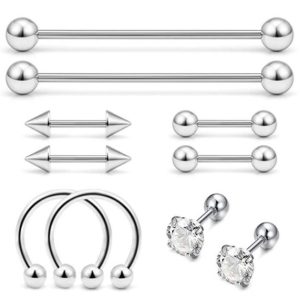 10Pcs Piercing Jewelry Set Nose Ring Nose Stud Eyebrow Nail Lip Nail Long Rod Industrial Ear Studs